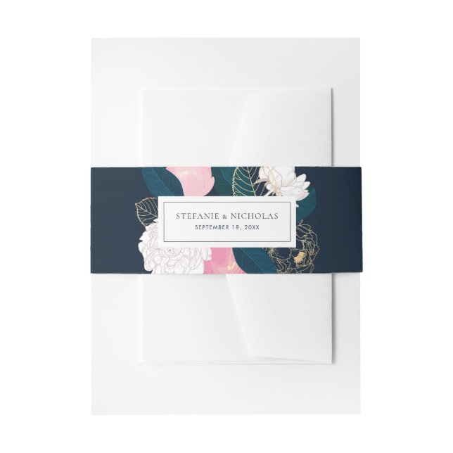 Modern Pink Peonies Gold Foil Wedding Invitation Belly Band (Front Example)