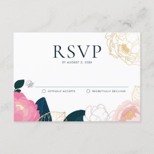 Modern Pink Peonies Gold Foil Wedding RSVP Enclosure Card