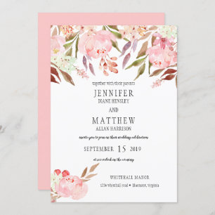 Modern Pink Peonies Wildflowers Greenery Wedding Invitation