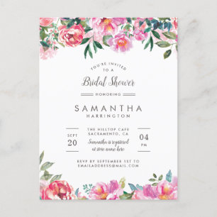 Modern Pink Peony Flowers Bridal Shower Invitation Postcard
