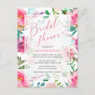 Modern Pink Peony Watercolor Floral Bridal Shower Invitation Postcard