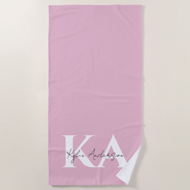 Modern Pink Personalised Monogram Name -  Beach Towel (Front)