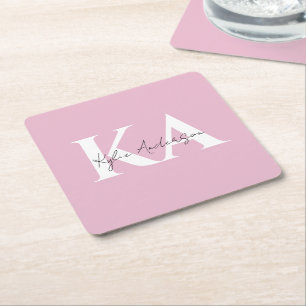Modern Pink Personalized Monogram Name -  Square Paper Coaster