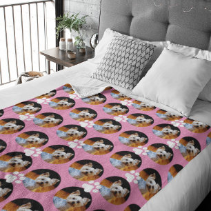  Modern Pink Pet Photo w Paw Print Pattern Cute Fleece Blanket