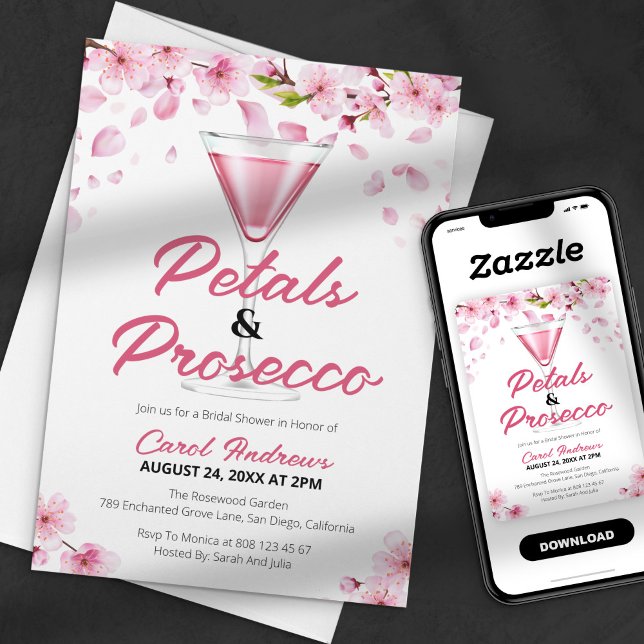 Modern Pink Petals & Prosecco Bridal Shower Invitation (Creator Uploaded)