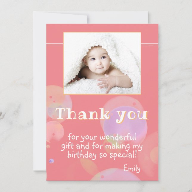 Modern Pink Photo Birthday Thank you Card for Kids (Front)