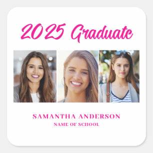 Modern Pink Photo Collage 2025 Graduation Square Sticker