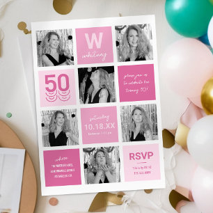 Modern Pink Photo Collage 50th Birthday Invitation