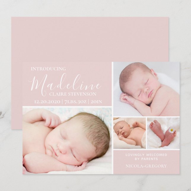 Modern Pink Photo Collage Baby Girl Birth  Announcement (Front/Back)