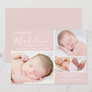 Modern Pink Photo Collage Baby Girl Birth  Announcement