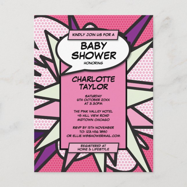 Modern Pink Photo Comic Book Baby Shower Sprinkle Invitation Postcard (Front)