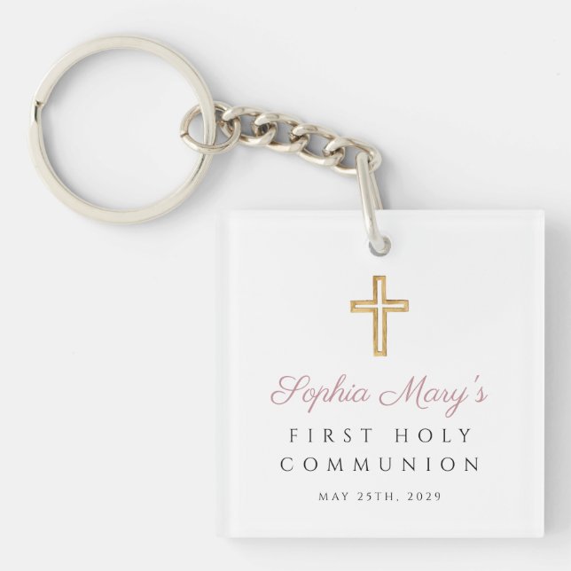 Modern Pink Photo Girl First Communion  Key Ring (Front)