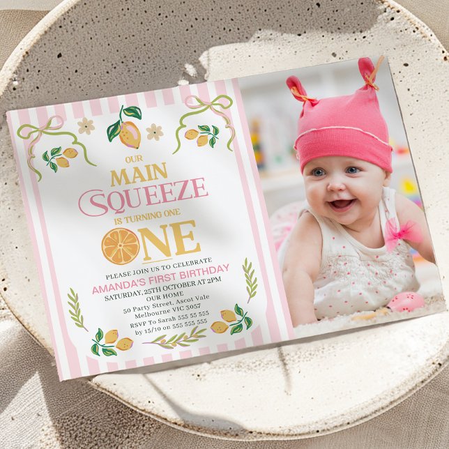 Modern Pink Photo Lemon Main Squeeze 1st Birthday Invitation (Main Squeeze Whimsical Lemon 1st Birthday Invitation Template, Main Squeeze 1st Birthday Invite
)