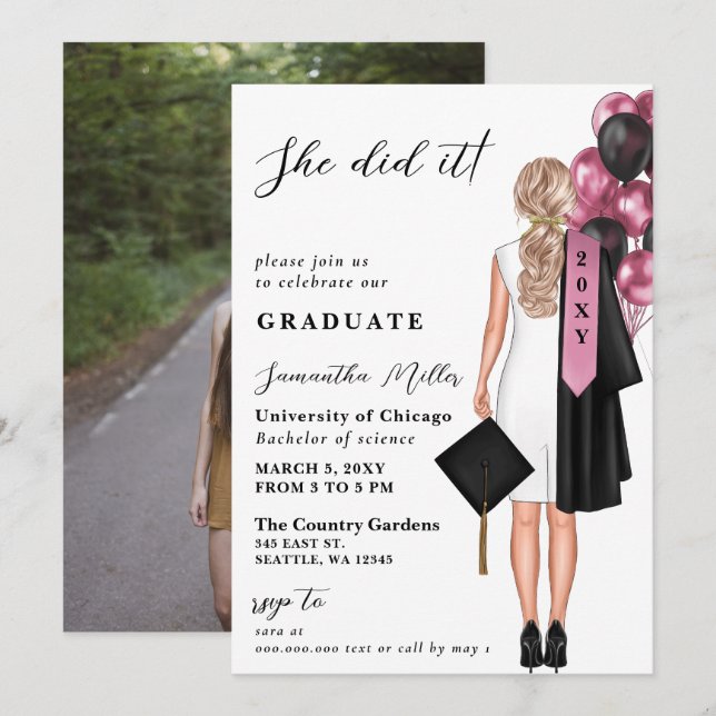 Modern Pink Photo She Did It Graduation Invitation (Front/Back)