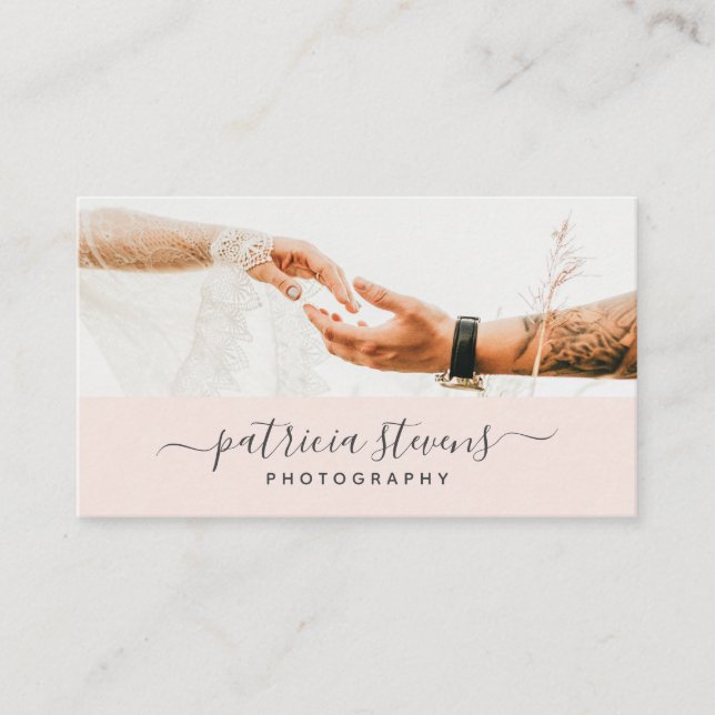Modern pink photographer script typography photo business card (Front)