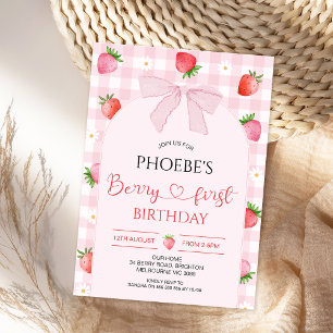 Modern Pink Plaid Arch Berry First Birthday Invitation