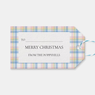 Modern Pink Plaid Check Christmas Gift Tag