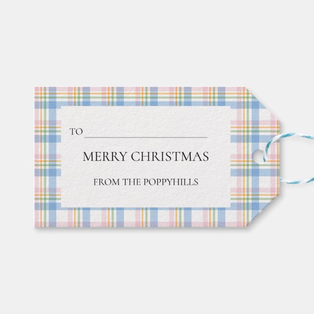 Modern Pink Plaid Check Christmas Gift Tag (Front (Horizontal))