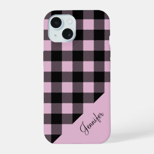 Modern Pink Plaid Check Pattern Name iPhone 15 Case