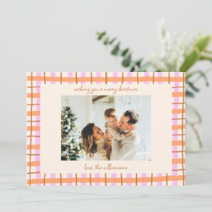 Modern Pink Plaid Christmas Photo Cute Colorful Holiday Card