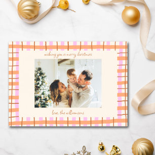 Modern Pink Plaid Christmas Photo Cute Colourful Holiday Card