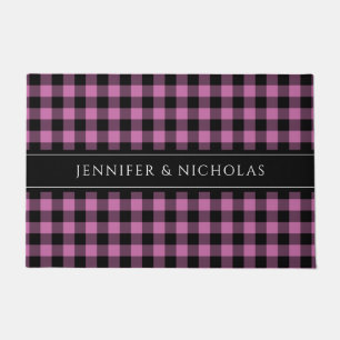 Modern Pink Plaid Custom Name  Doormat