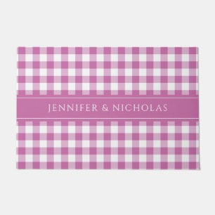 Modern Pink Plaid Gingham Name Doormat
