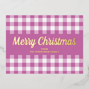 Modern Pink Plaid Merry Christmas Gold Foil Holiday Postcard