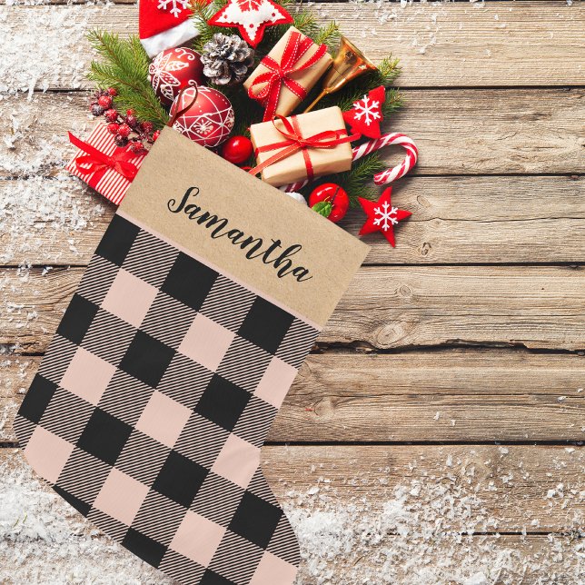 Modern Pink Plaid & Name Christmas Large Christmas Stocking (Creator Uploaded)