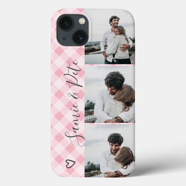 Modern pink plaid names 3 photos collage grid Case-Mate iPhone case (Back)