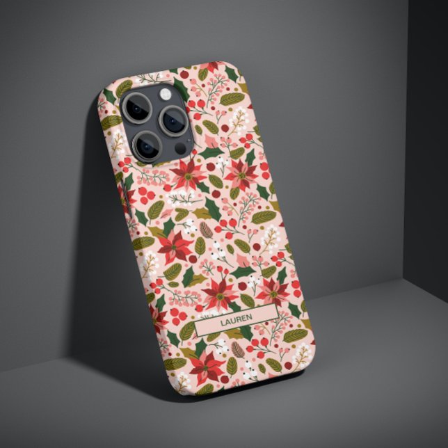 Modern Pink Poinsettia Folk Botanical Name Pattern Case-Mate iPhone Case (Celebrate Christmas with this festive phone case designed to spread some holiday cheer! 🎅)