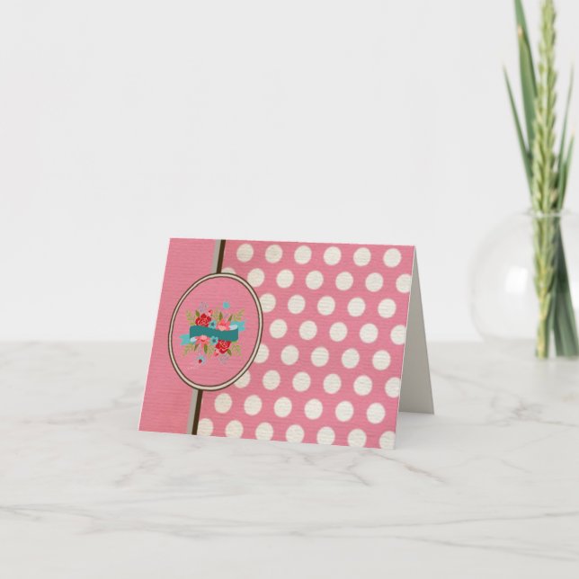 Modern Pink Polka Dot Floral Design Thank You Card (Front)