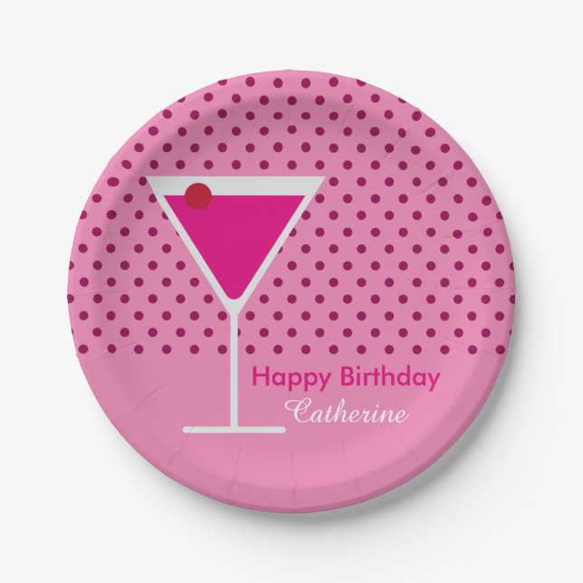 Modern Pink Polka Dot Martini Custom Birthday Paper Plate (Front)