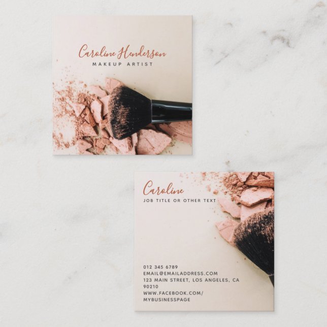 Modern Pink Powder & Brush Makeup Artist Square Business Card (Front/Back)