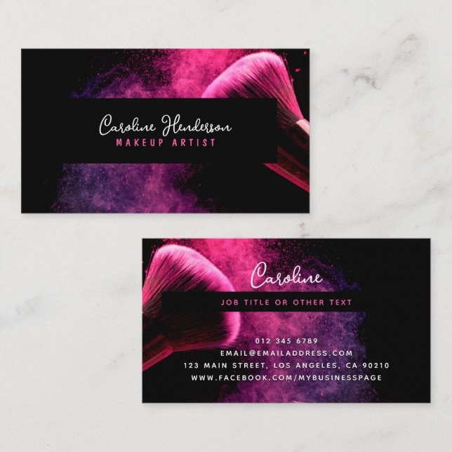 Modern Pink Powder & Brushes Makeup Artist Business Card (Front/Back)