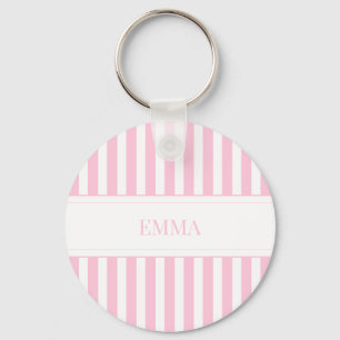 Modern Pink Preppy Striped Cute Simple Custom Name Key Ring