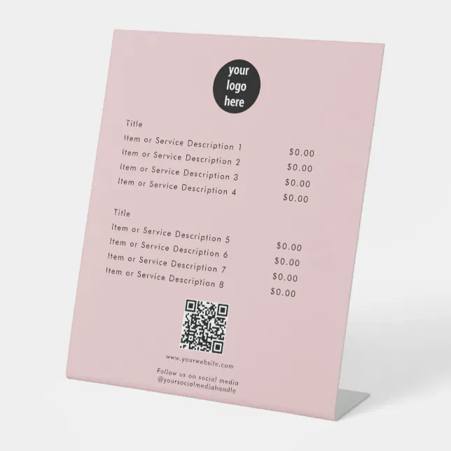 Modern Pink Price List QR Code Social Media Pedestal Sign | Zazzle