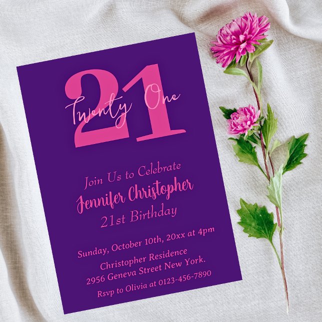 Modern Pink Purple 21st birthday invitations (Creator Uploaded)