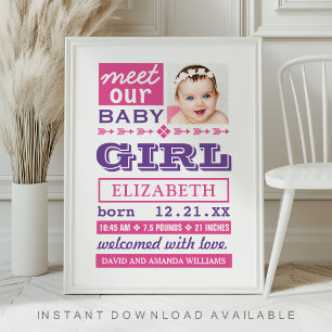 Modern Pink Purple Baby Girl Photo Birth Stats Poster
