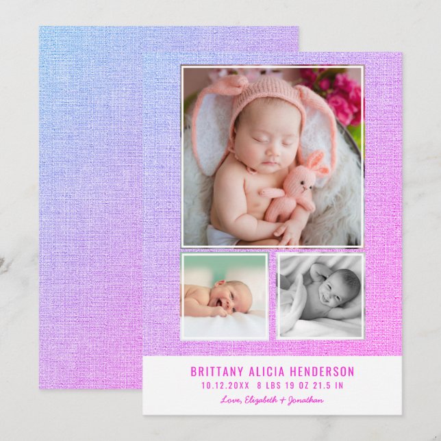 Modern Pink Purple Baby Photo Collage Birth Announcement (Front/Back)