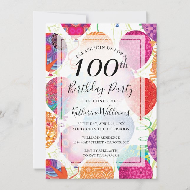 Modern Pink Purple Balloons 100th Birthday Party Invitation (Front)