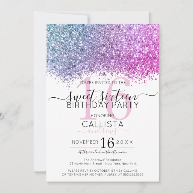 Modern Pink Purple Blue Glitter Confetti Sweet 16 Invitation (Front)
