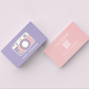 Modern Pink & Purple Camera l Photography Qr Code Business Card