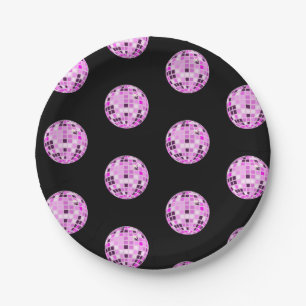 Modern Pink Purple Disco Ball Pattern Black Paper Plate