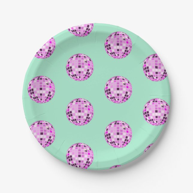 Modern Pink Purple Disco Ball Pattern Pastel Mint Paper Plate (Front)