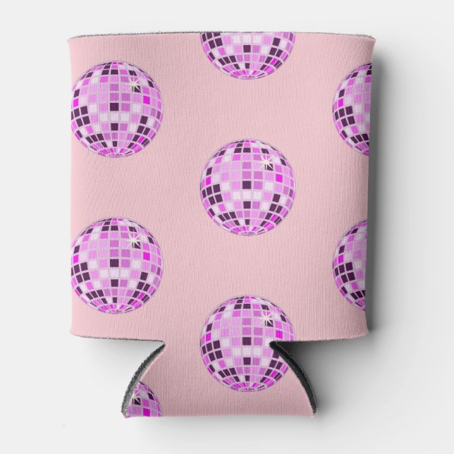 Modern Pink Purple Disco Ball Pattern Pastel Pink Can Cooler (Front)