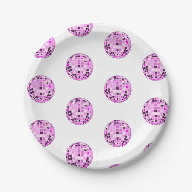 Modern Pink Purple Disco Ball Pattern White Paper Plate (Front)