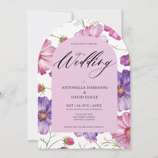 Modern Pink Purple Floral Blossom  QR Code Wedding Invitation (Front)