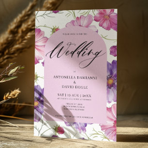 Modern Pink Purple Floral Blossom QR Code Wedding Invitation