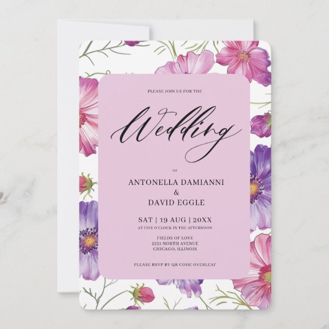 Modern Pink Purple Floral Blossom  QR Code Wedding Invitation (Front)